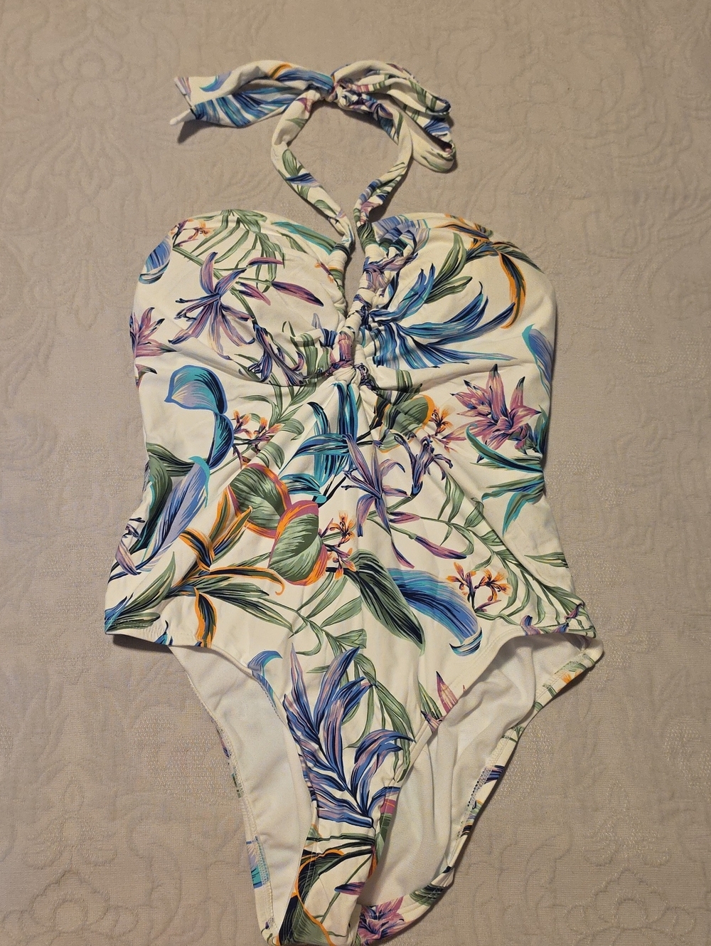 Floral Halter One-Piece Swimsuit in White